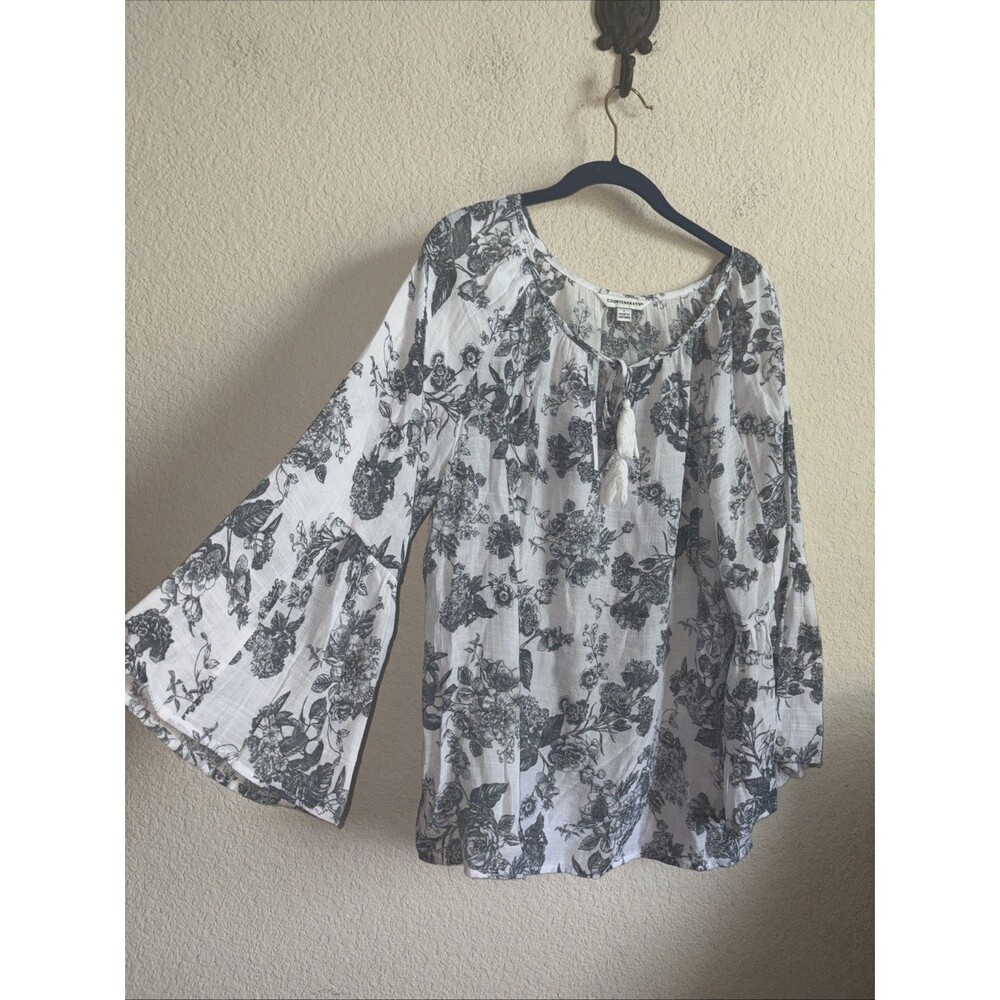 Rose Floral Tie Neck Bell Sleeves Blouse Boho Feminine Romantic Victorian L